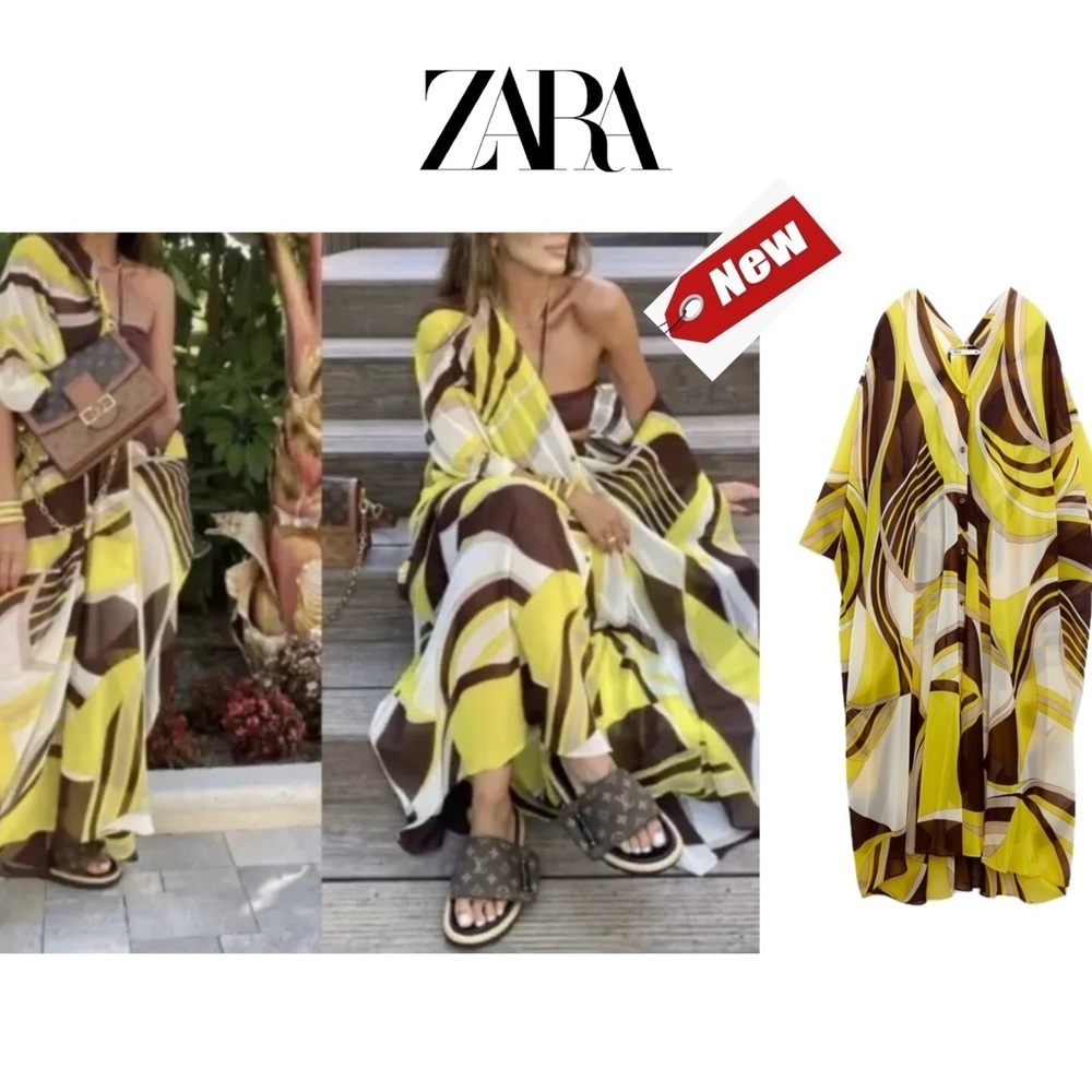 Zara yellow brown kaftan chiffon button front shawl cardigan beach coverup M NWT